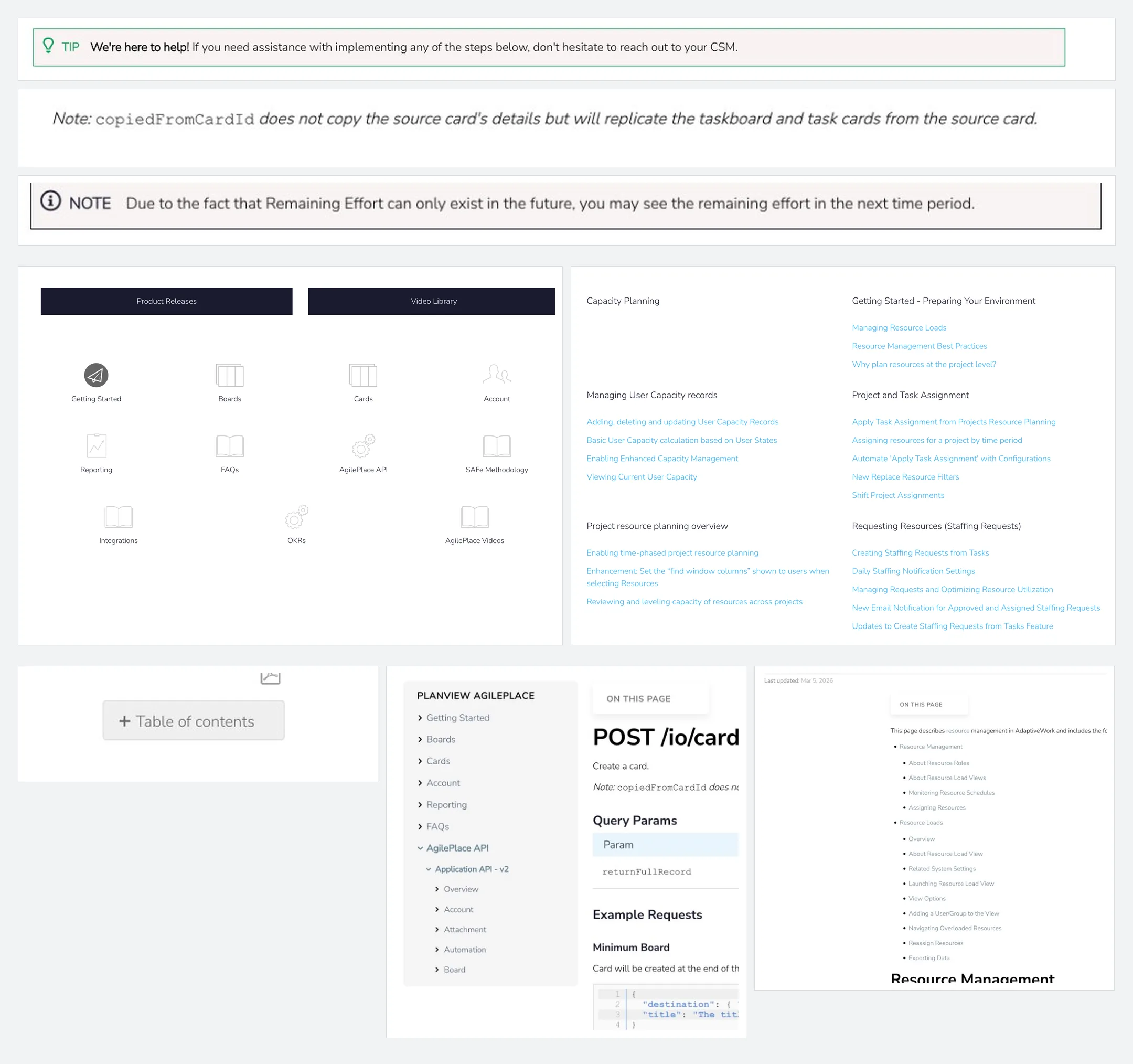 The same three jobs — an aside, a section index, in-page navigation — solved differently across three product areas of one platform.