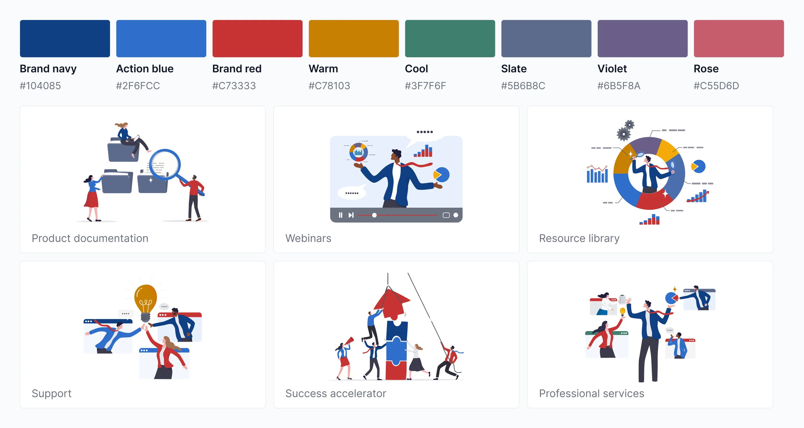 One illustration language across the platform, sized per placement, drawn from a defined accent palette.