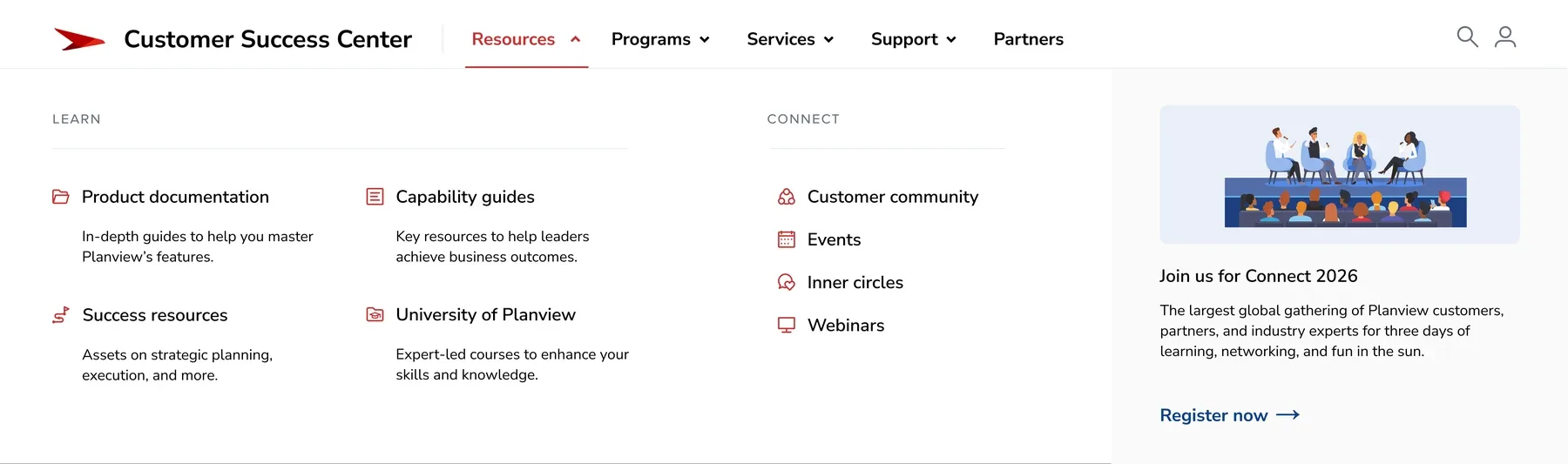 The Resources menu, one of four global destinations.