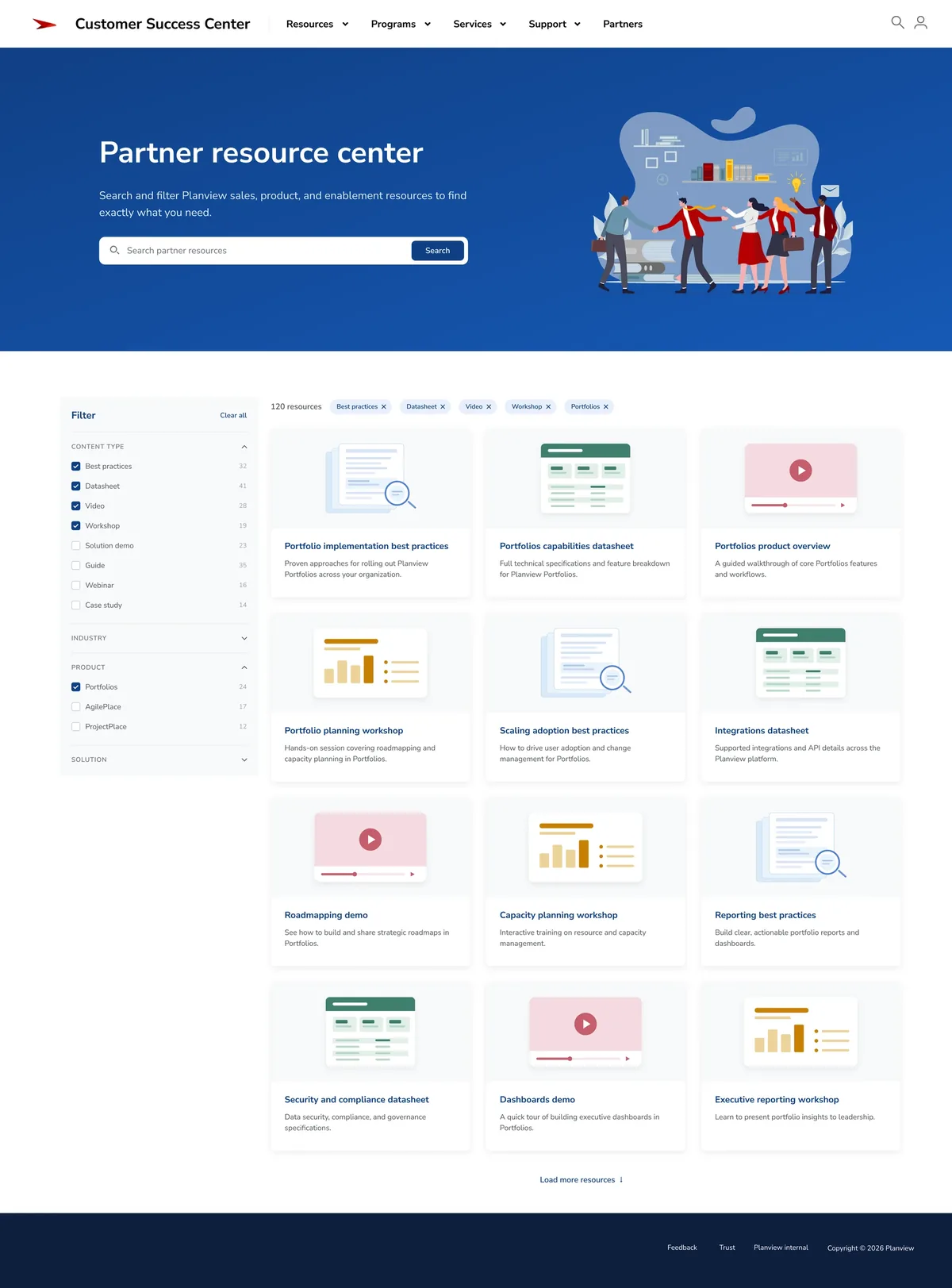 The Partner Resource Center with content type, industry and product filters applied.