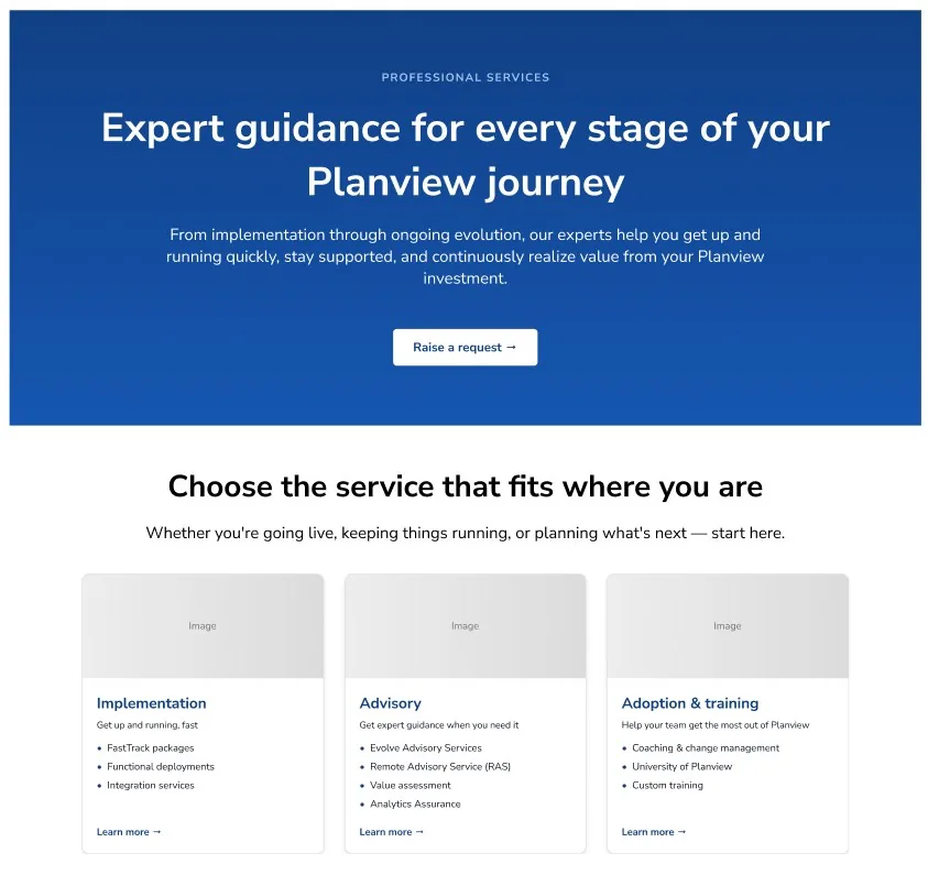 The redesigned Professional Services landing page, organized around the customer journey