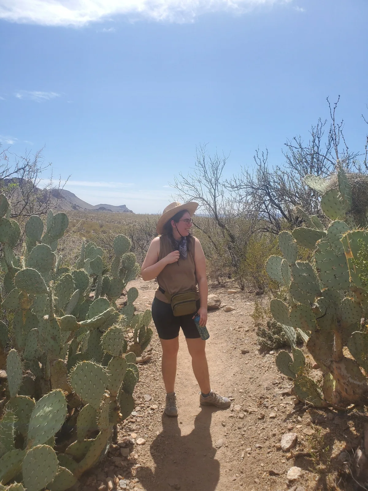 Rachel hiking a desert trail between prickly pear