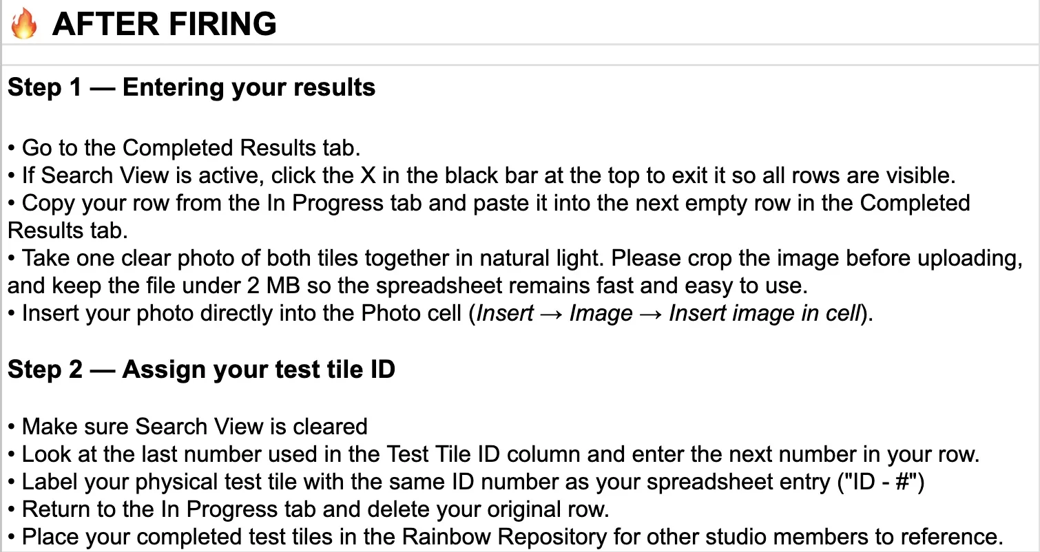 The log after firing, with results recorded against the same controlled vocabulary.