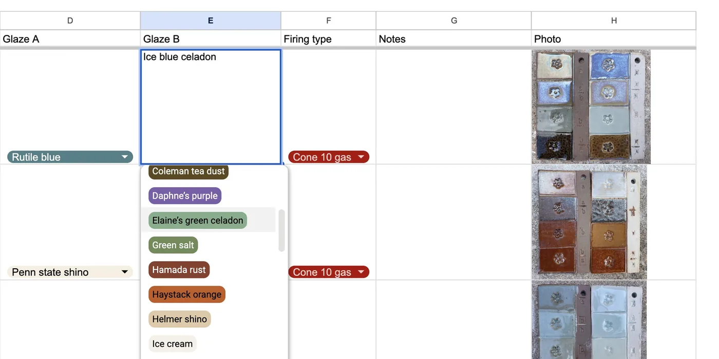 Glaze log with a controlled-vocabulary dropdown open